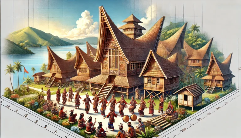 DALL·E 2024-11-26 12.12.01 - A project design concept illustration for an organization featuring the rich culture of Batak Toba. The image includes traditional Batak Toba houses (